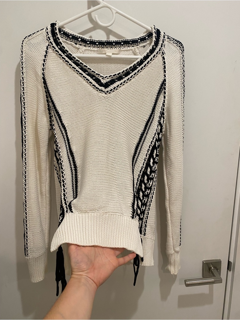 Jonathan Simkhai White V-Neck Sweater with Black Trim